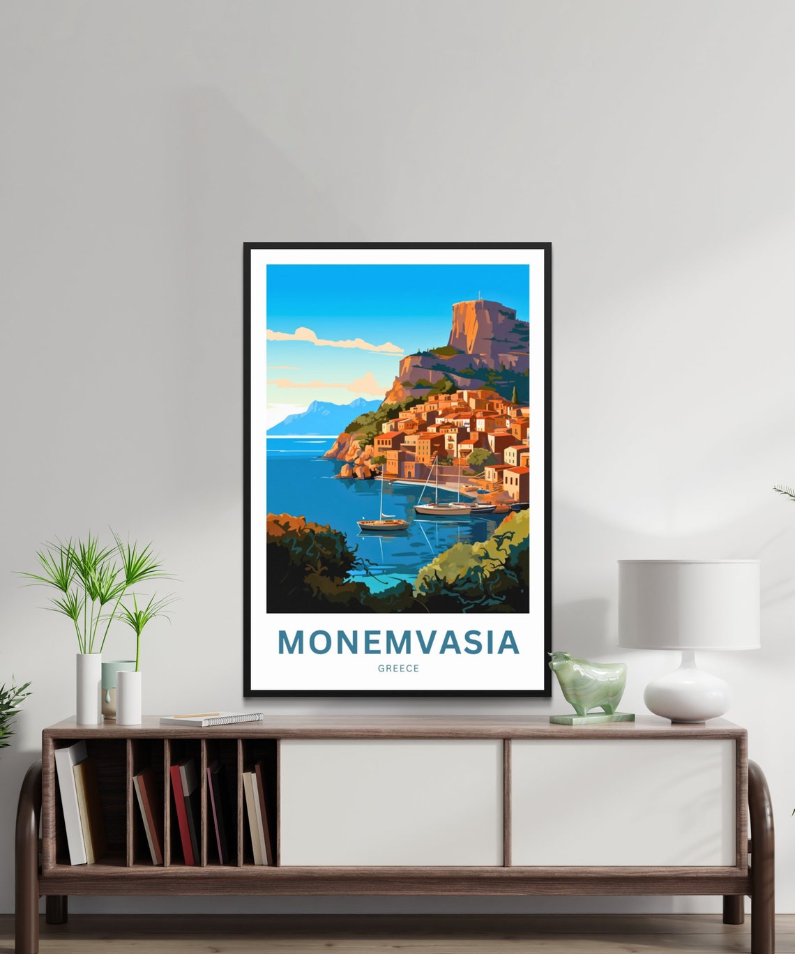 Monemvasia Greece Rock Fortress Vintage Travel Poster Boats Gift - Image 2