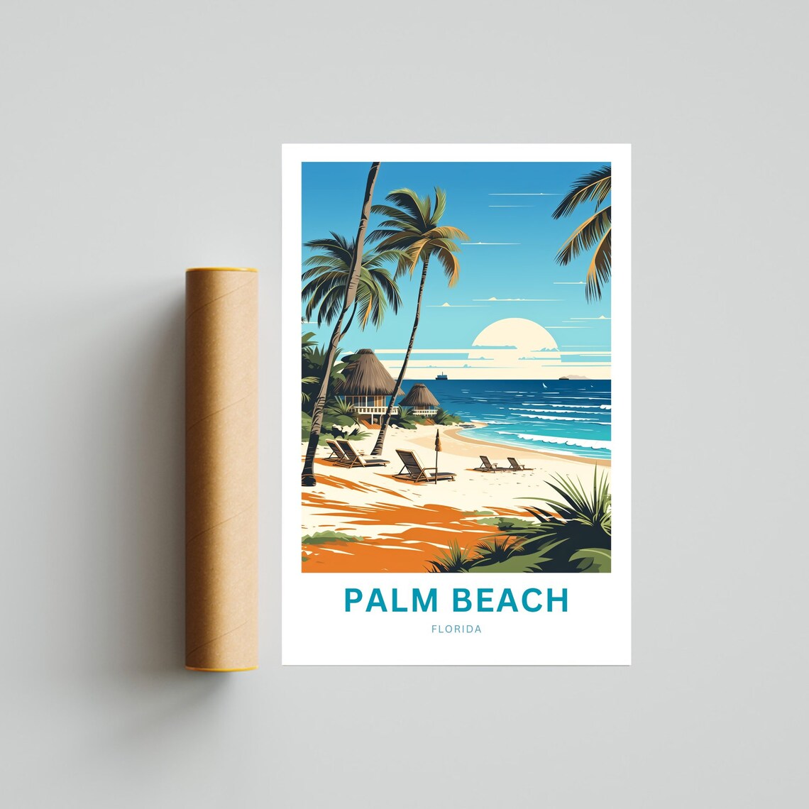 Palm Beach Florida Tiki Huts Golden Sunset Beach Scene Poster - Image 4