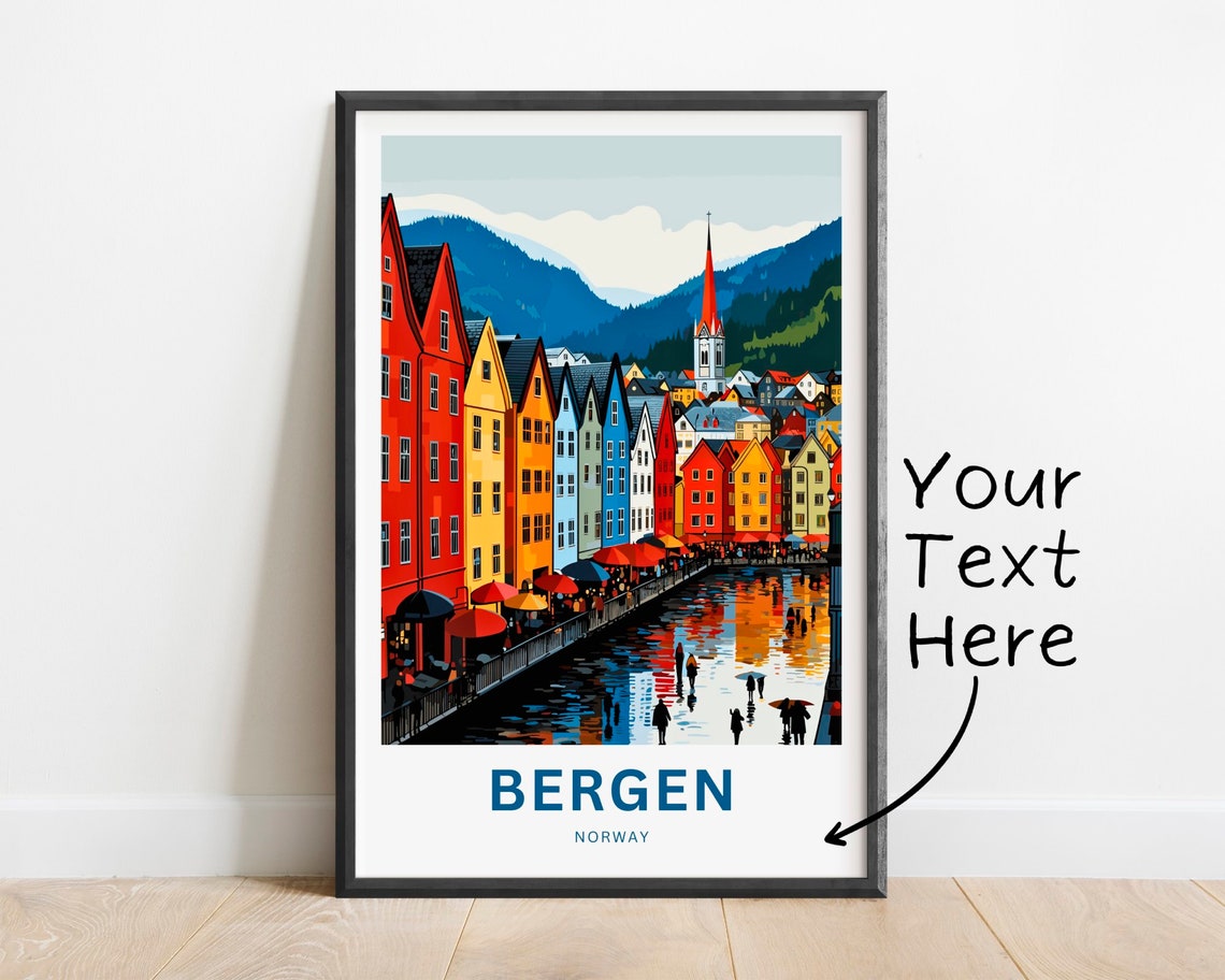 Personalized Bergen Norway Rainy Wharf Promenade Umbrella Poster