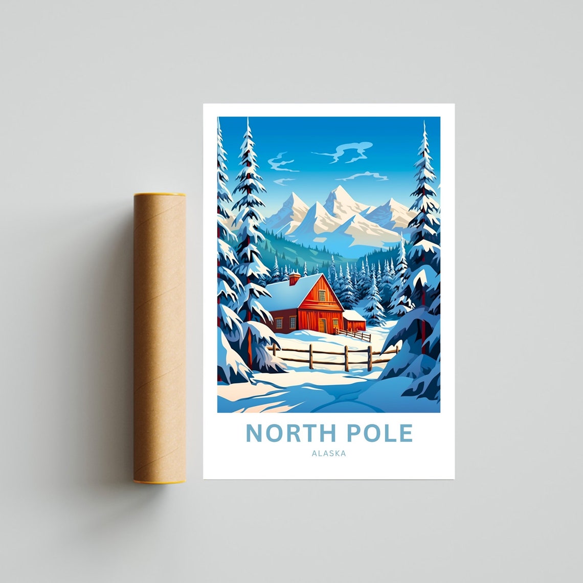 North Pole Alaska Personalized Red Cabin Winter Forest Poster - Image 4