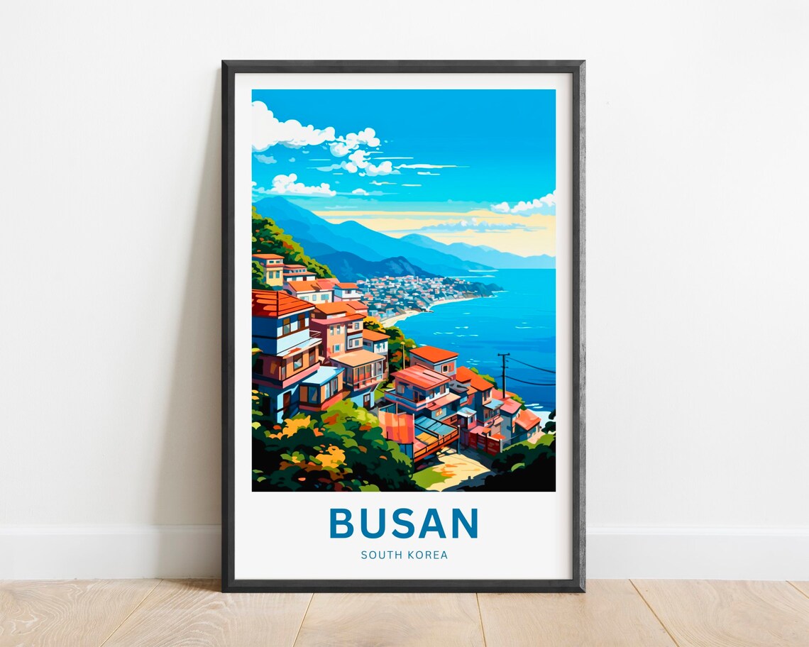 Busan South Korea Red Roof Houses Coastal Bay Scene Travel Poster