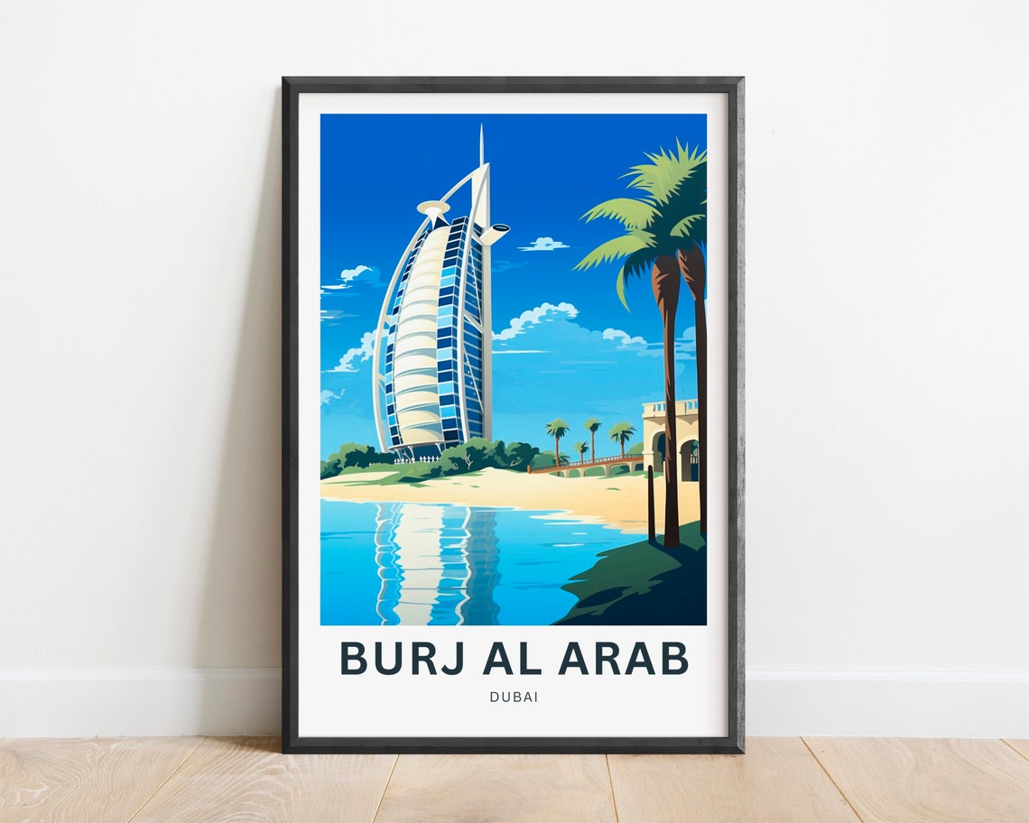 Burj Al Arab Dubai Beach Reflection Palm Trees Travel Poster