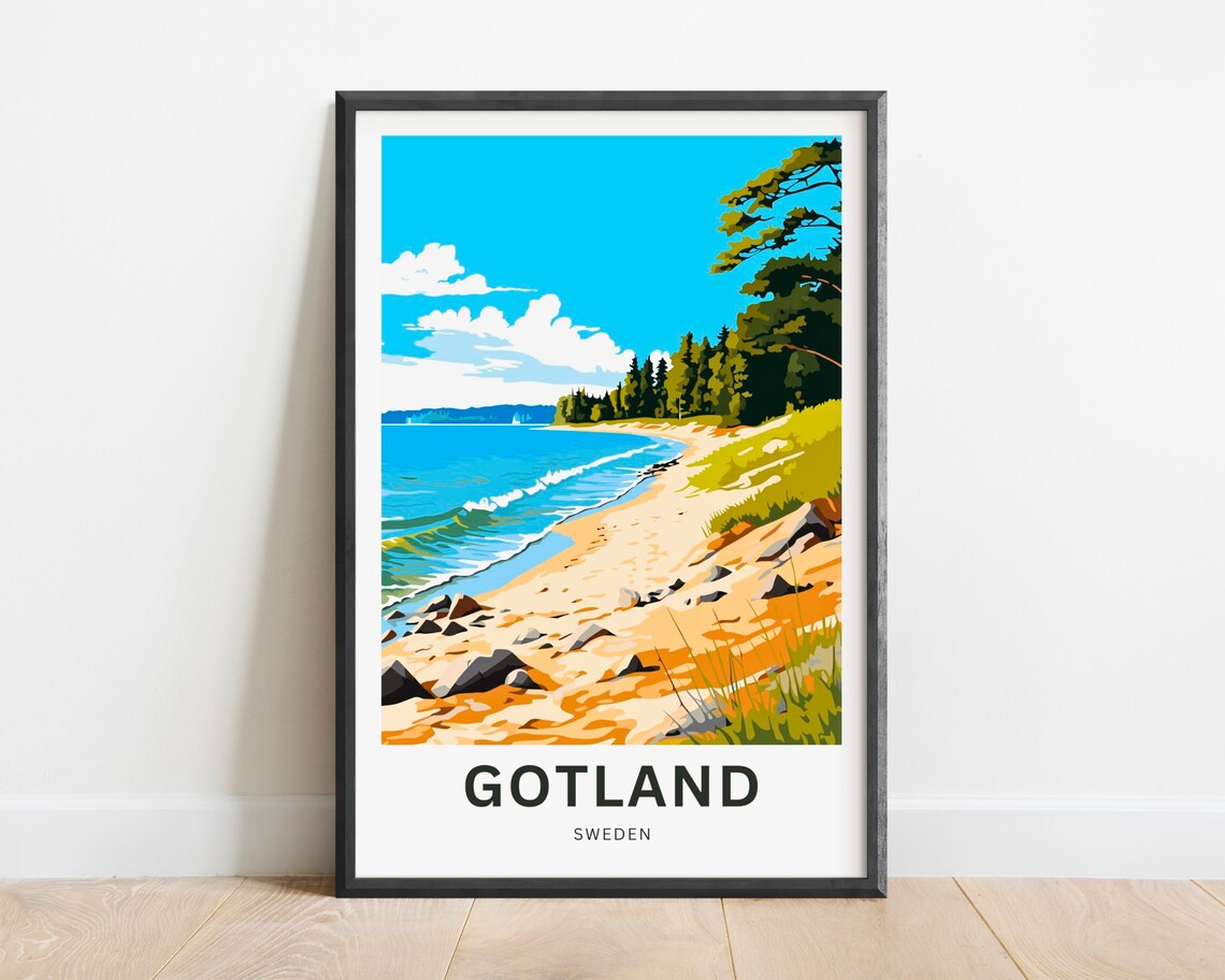 Gotland Sweden Rocky Shoreline Forest Beach Scenic Travel Poster
