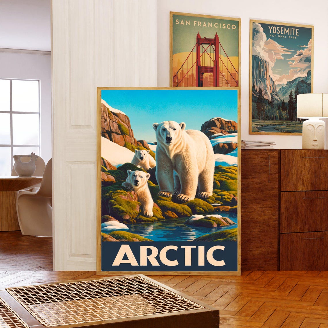 Arctic Polar Bear Two Cubs Rocky Shore Vintage Travel Poster - Image 5