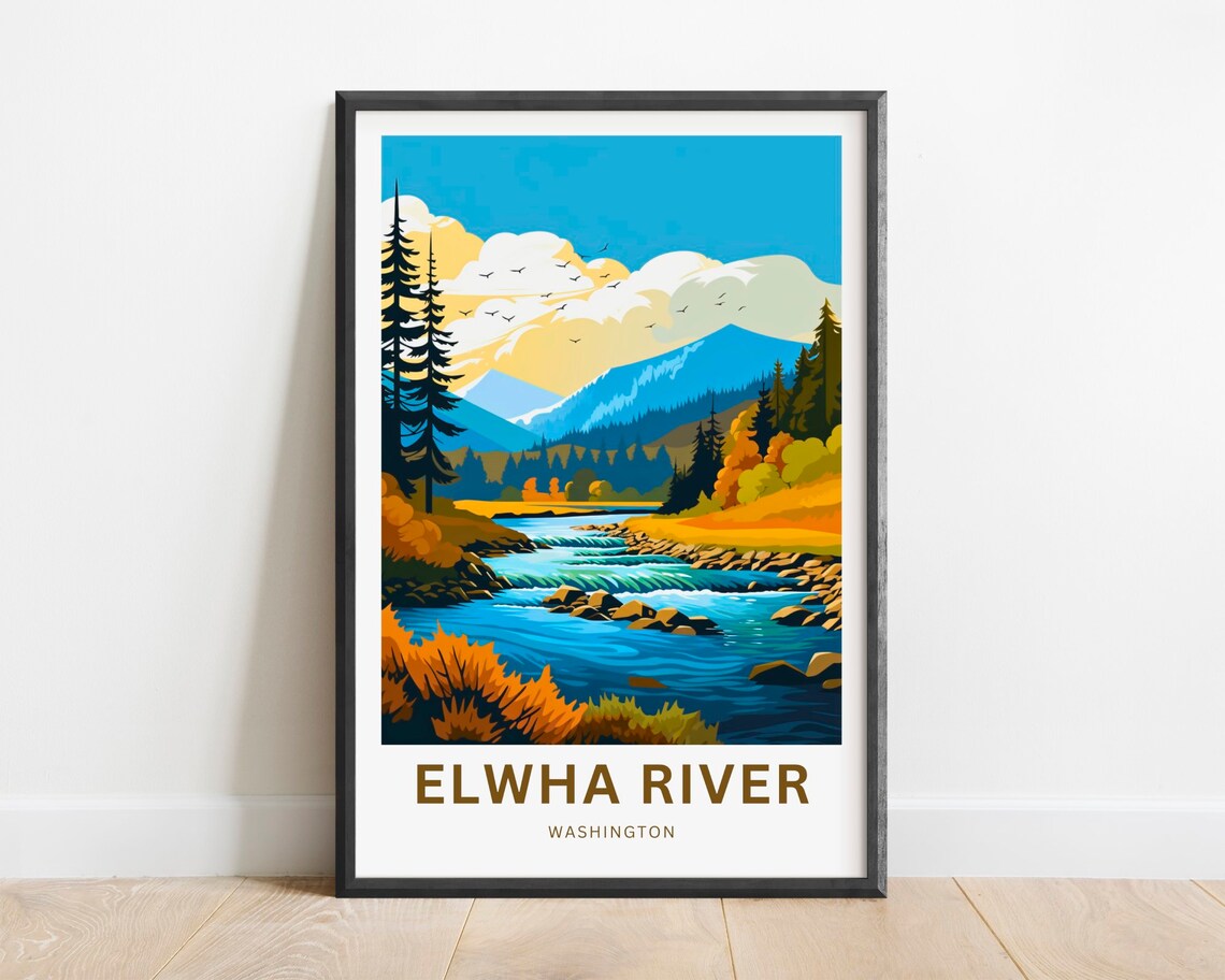 Elwha River Washington Fall Foliage Rapids Mountain Travel Poster