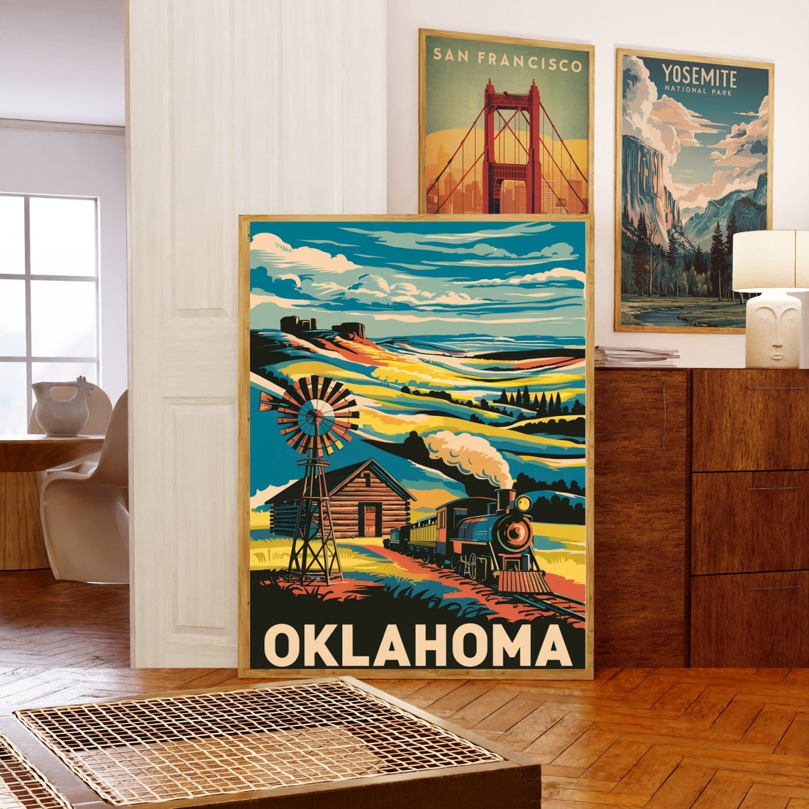 Oklahoma Vintage Steam Train Prairie Windmill Country Travel Poster - Image 5