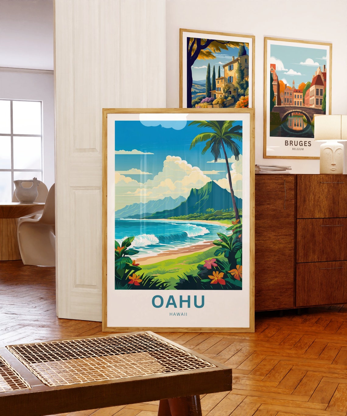 Oahu Hawaii Tropical Beach Palm Trees Mountain Waves View Poster - Image 5