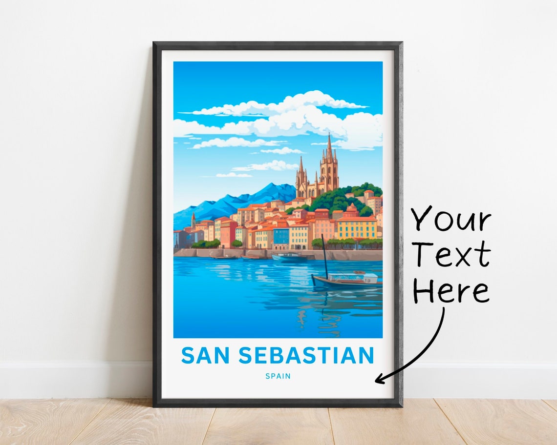 San Sebastian Spain Old Town Harbor Hilltop Church Travel Poster