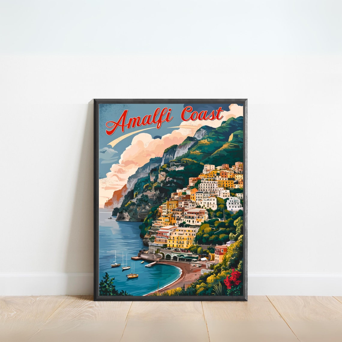 Amalfi Coast Italy Terraced Hillside Town Sunset Travel Poster