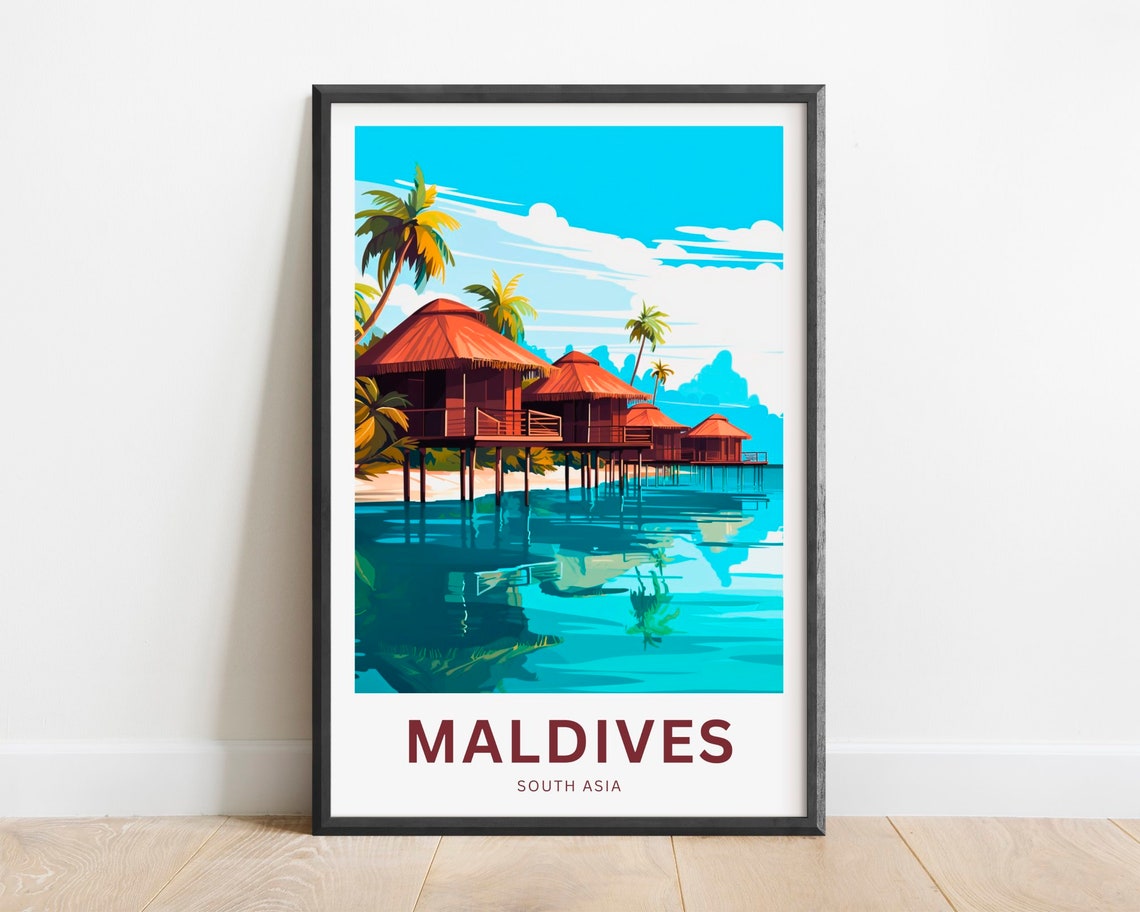 Maldives Thatched Bungalow Row Over Turquoise Water Travel Poster