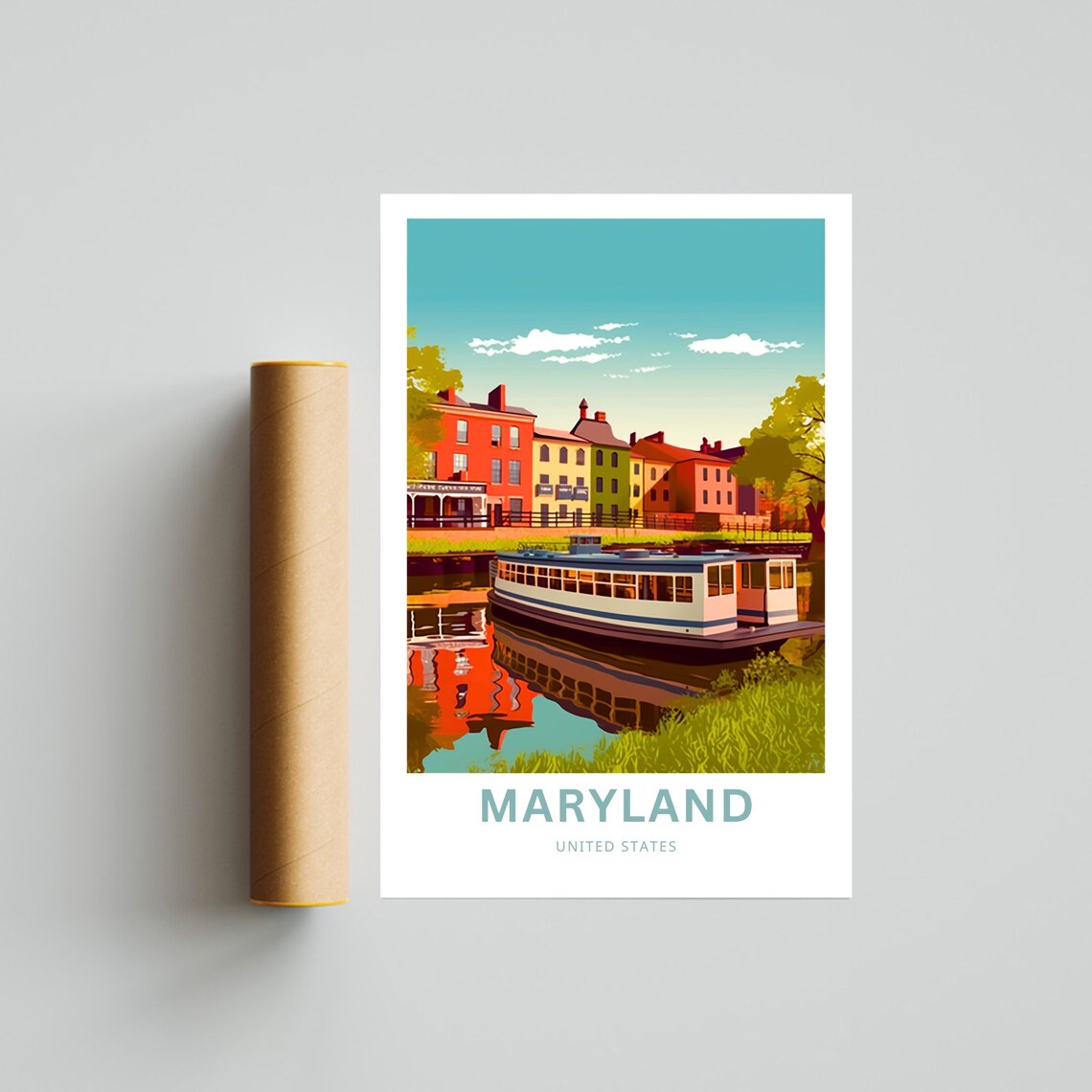 Maryland Personalized Travel Poster with Canal Boat and Rowhouses - Image 4