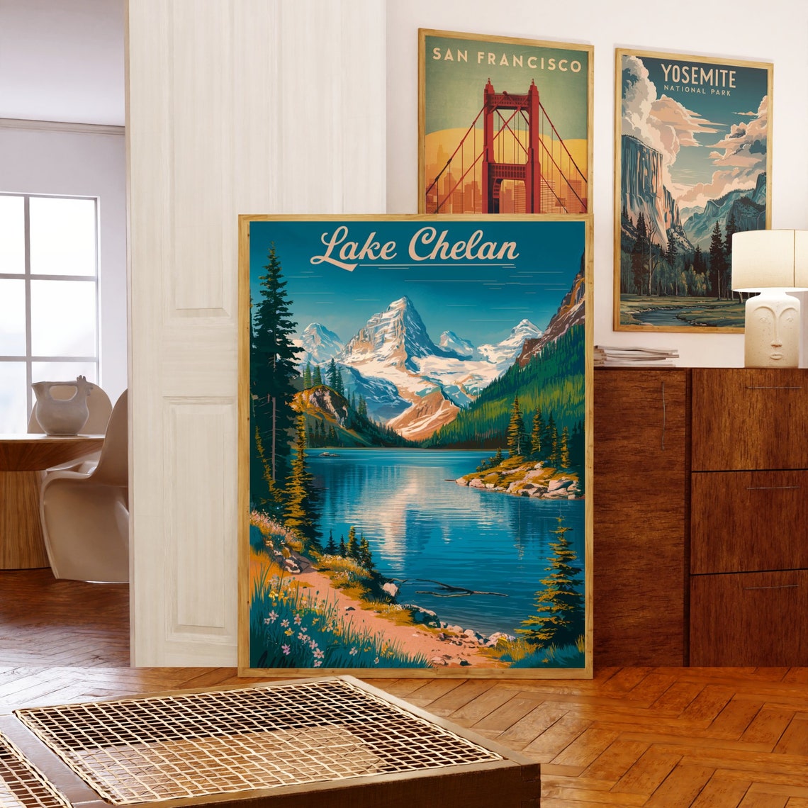 Lake Chelan Script Lettering Vintage Mountain Lake Travel Poster Gift - Image 5
