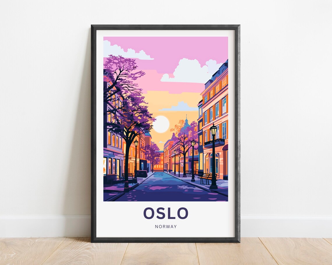 Oslo Norway City Street Sunset Pink Sky Vintage Travel Poster