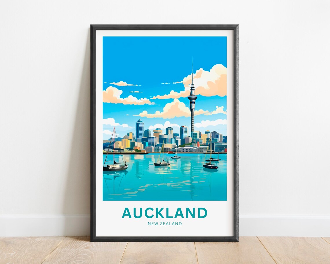 Auckland New Zealand Sky Tower Harbor Sailboat Skyline Travel Poster
