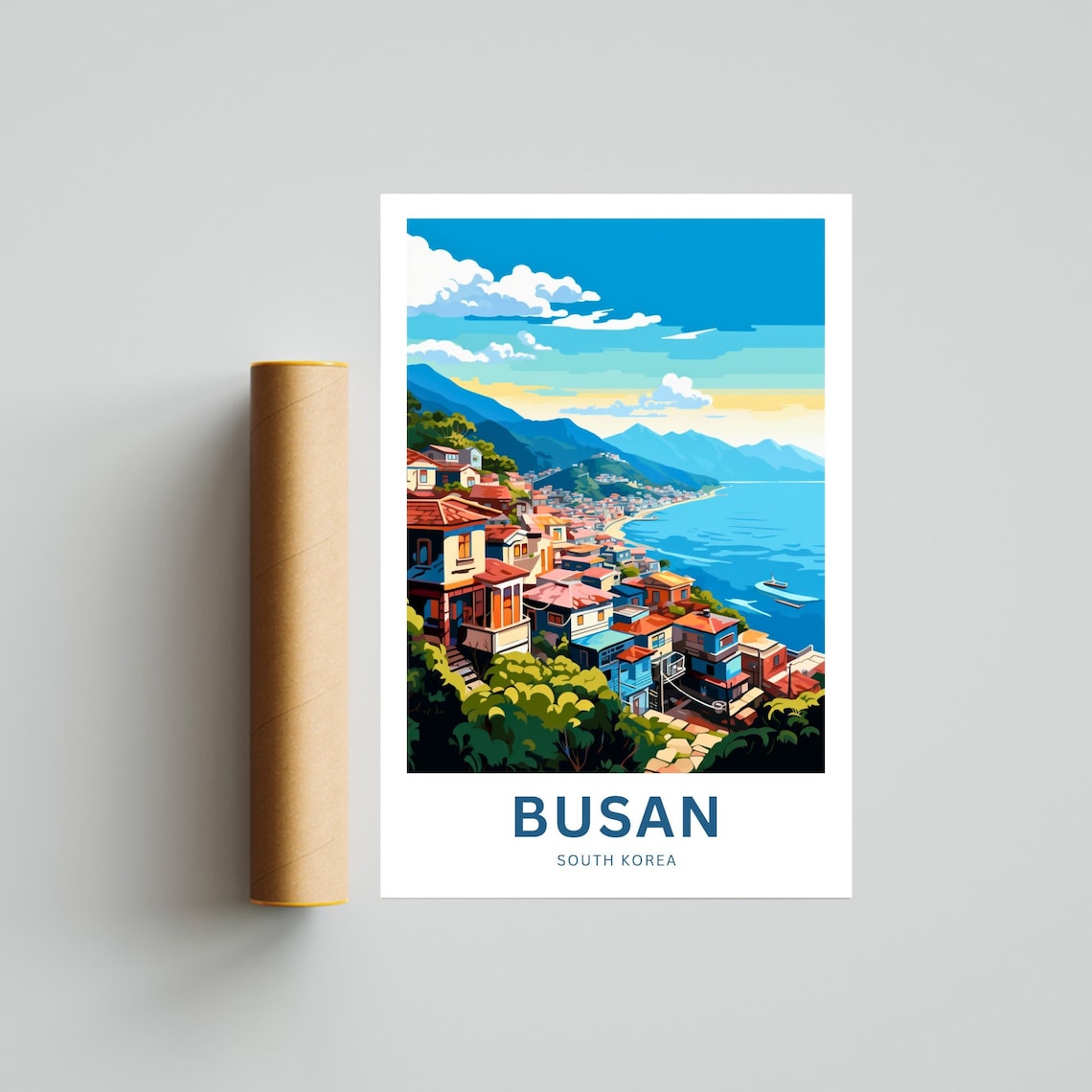 Busan South Korea Hillside Village Bay View Vintage Travel Poster - Image 4