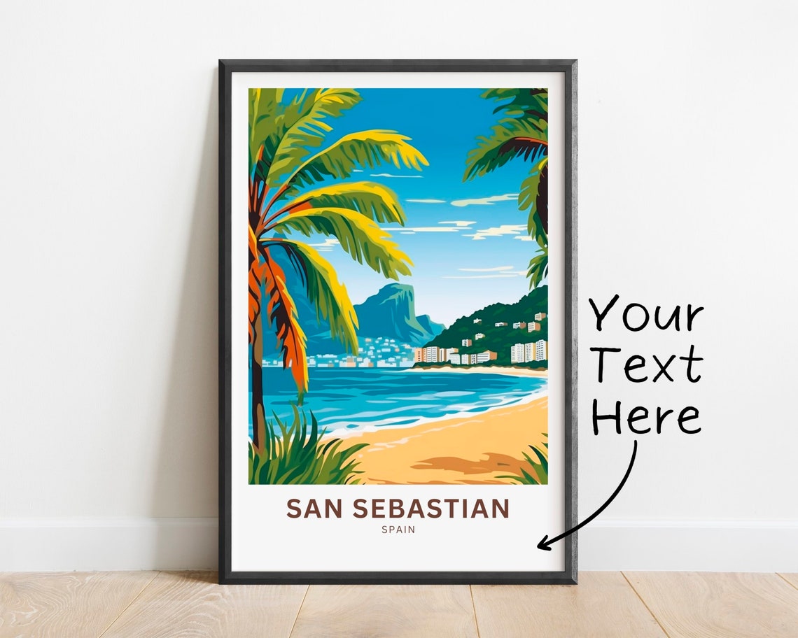 San Sebastian Spain Beach Palm Trees Ocean Bay Custom Text Poster