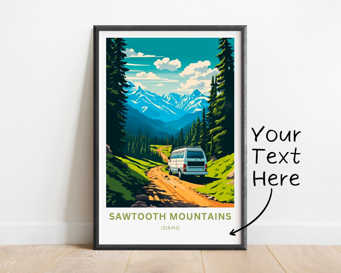 Sawtooth Mountains Idaho Camper Van Dirt Road Trip Travel Poster - Image 2
