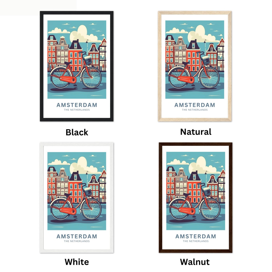 Amsterdam Netherlands Red Bicycle Canal Houses City Travel Poster - Image 3