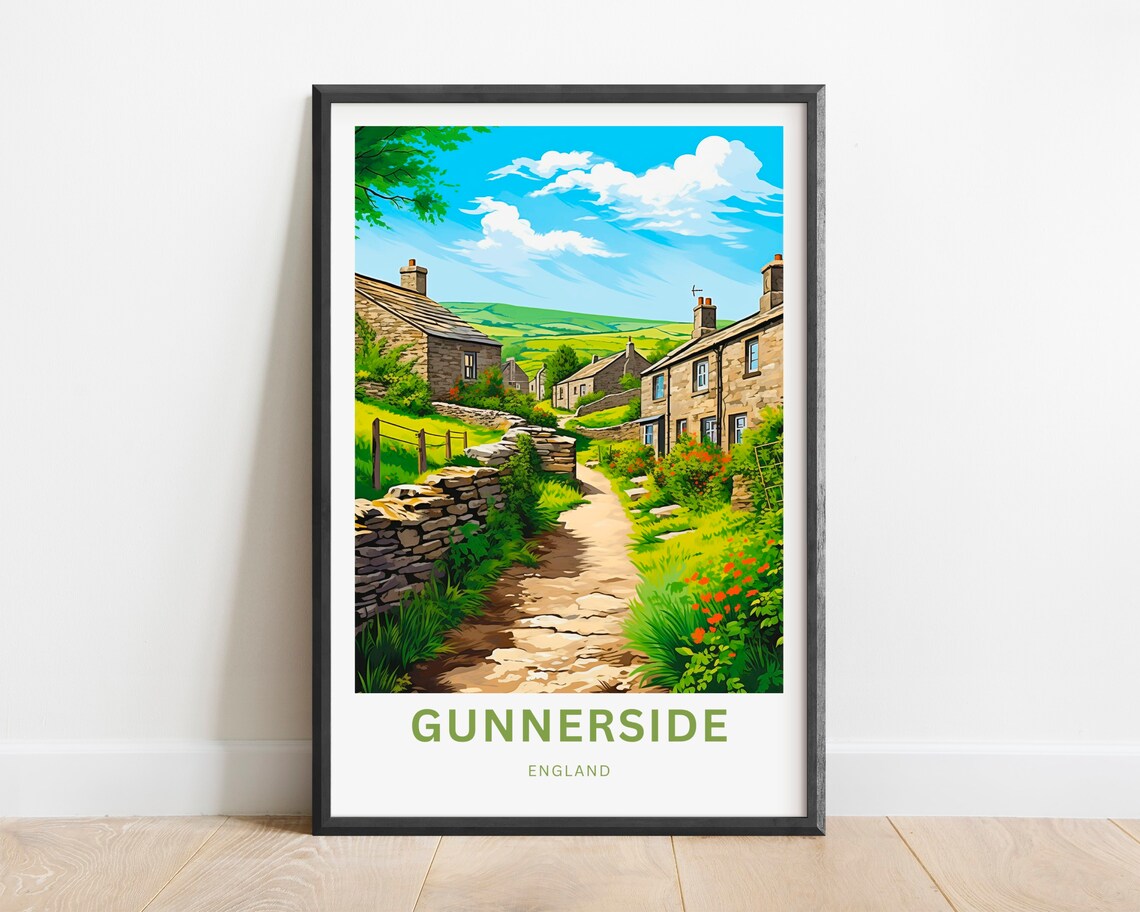 Gunnerside England Village Lane Stone Cottages Travel Poster