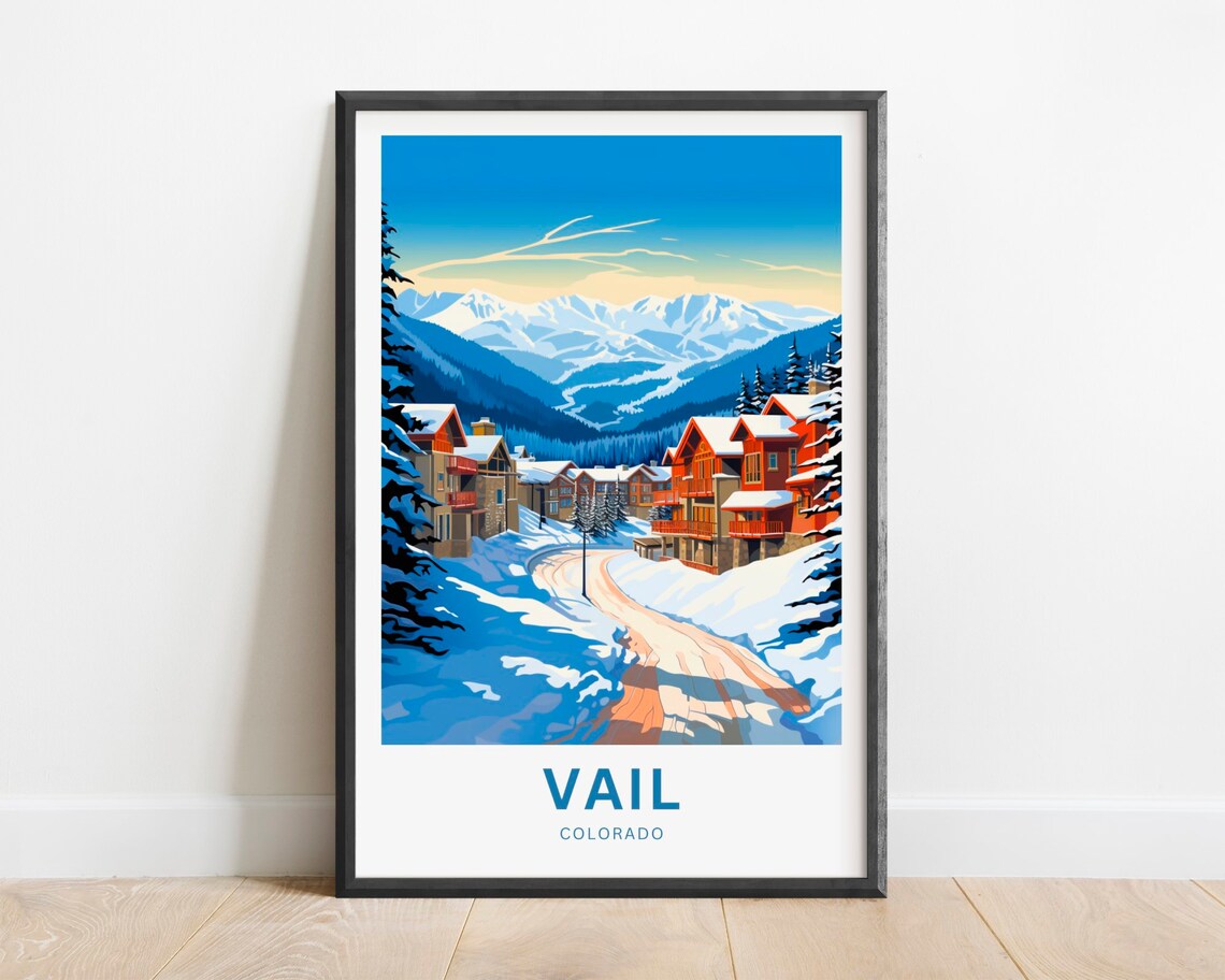 Vail Colorado Snow Covered Chalet Street Peaks Travel Poster