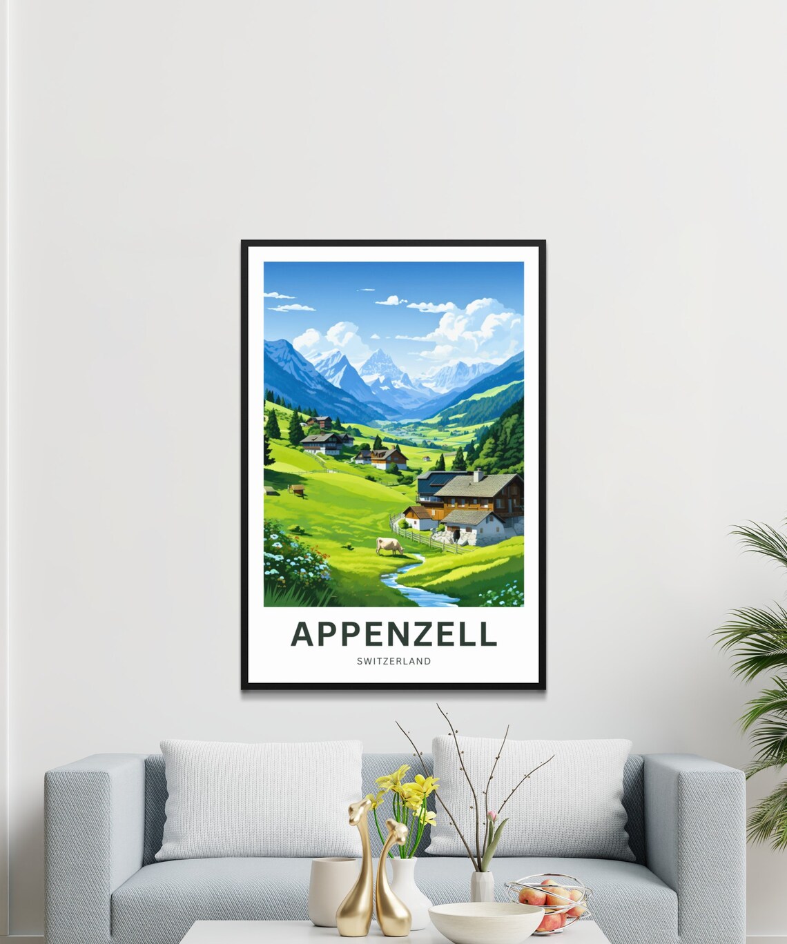 Appenzell Switzerland Alpine Chalets Cow Snowy Peaks Travel Poster - Image 3