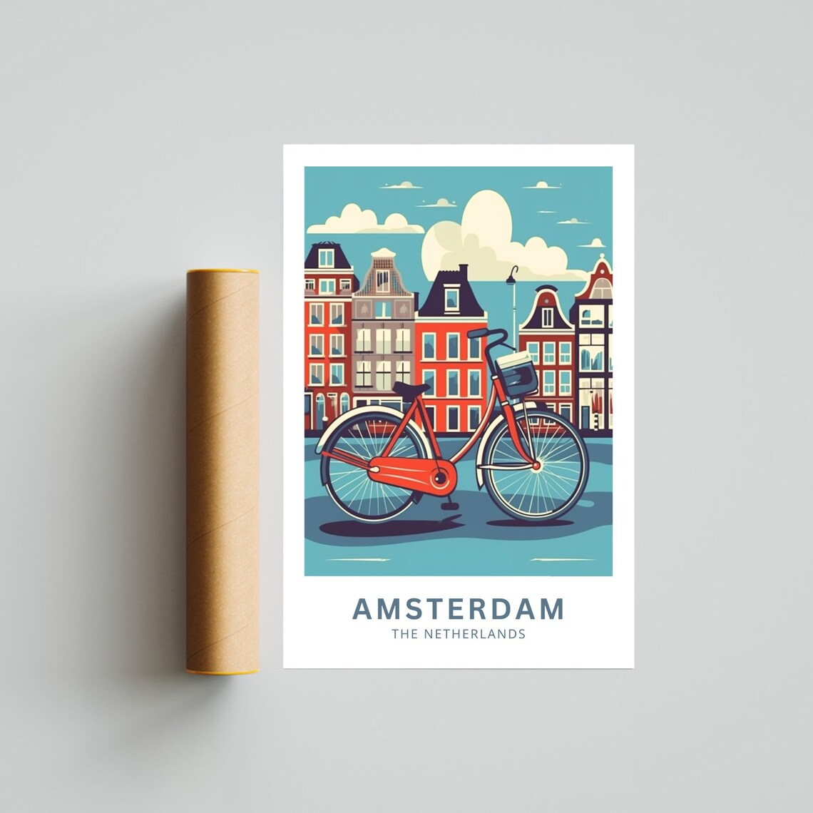 Amsterdam Netherlands Red Bicycle Canal Houses City Travel Poster - Image 4