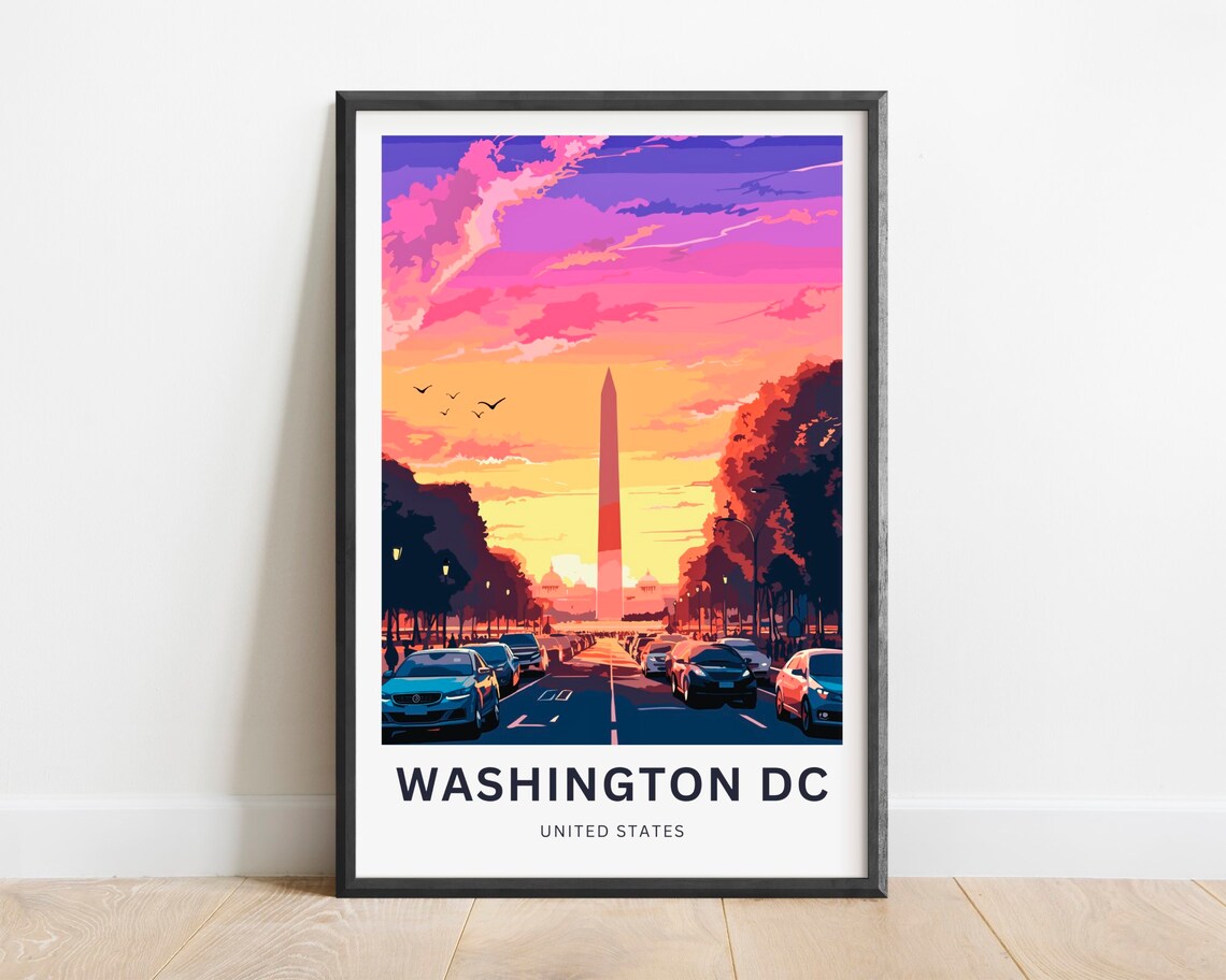 Washington DC Monument Sunset Street Scene Cars Retro Travel Poster