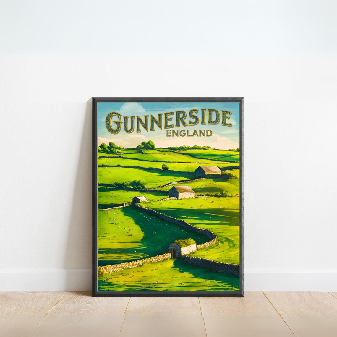 Gunnerside England Green Pastures Stone Walls Barns Countryside Poster
