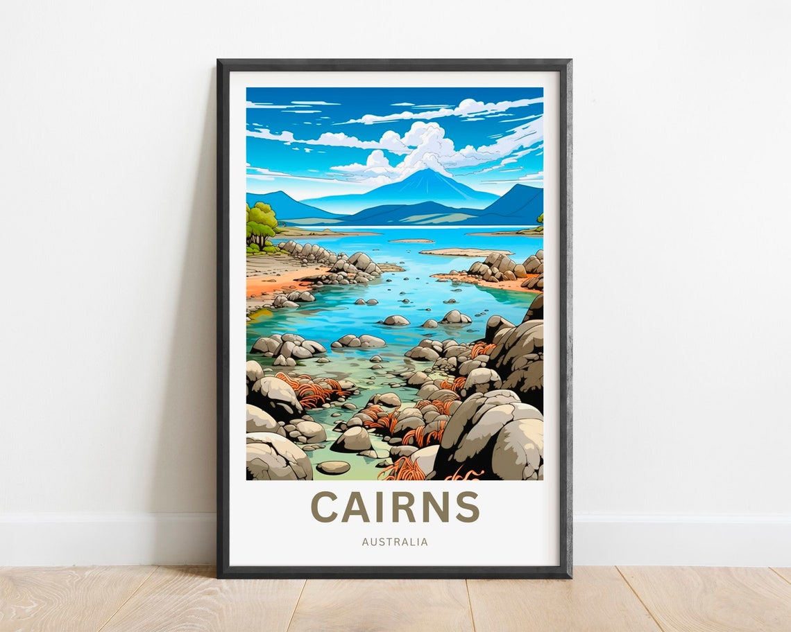 Cairns Australia Rocky Shoreline Blue Lagoon Mountain Travel Poster