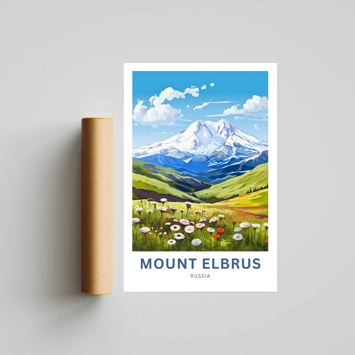 Mount Elbrus Russia Snowy Peak Wildflower Meadow Travel Poster - Image 4