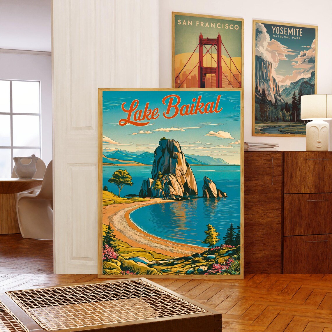 Lake Baikal Vintage Poster with Rocky Island in Blue Bay Art - Image 5