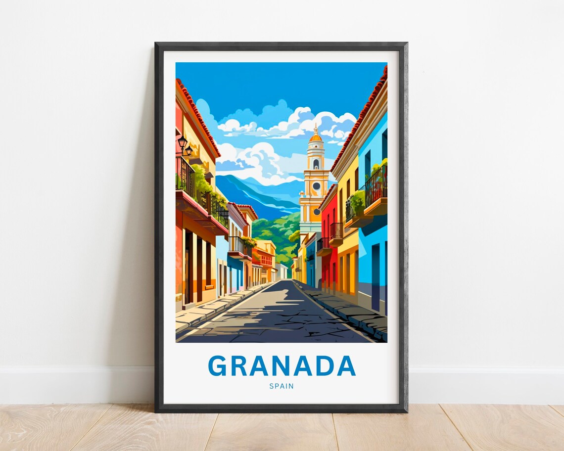 Granada Spain Colorful Old Street Bell Tower Mountains Travel Poster
