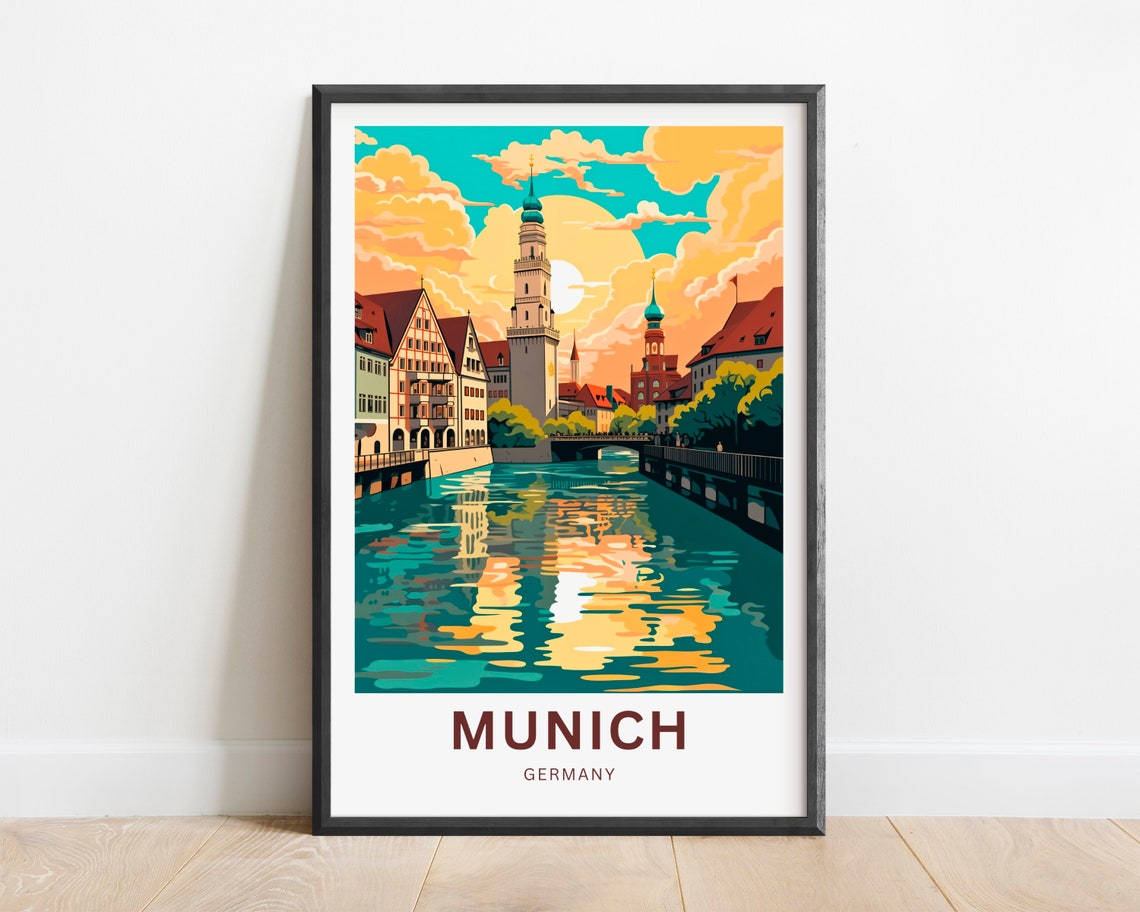 Personalized Munich Germany River Sunset Old Town Art Poster - Image 2