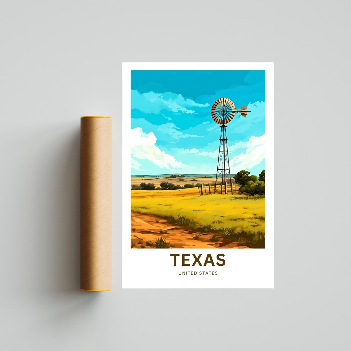 Texas Windmill Over Turquoise Sky And Wheat Field Travel Poster - Image 4
