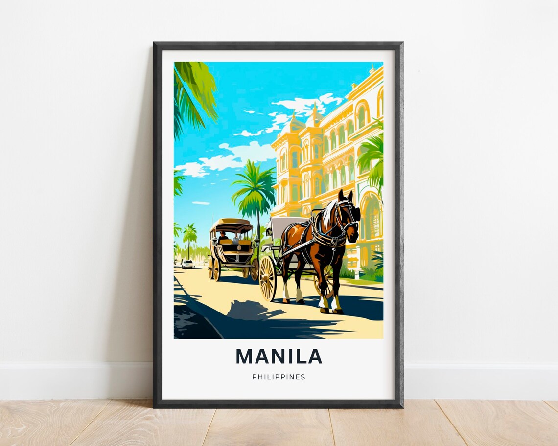 Manila Philippines Horse Drawn Carriage Street Scene Travel Poster