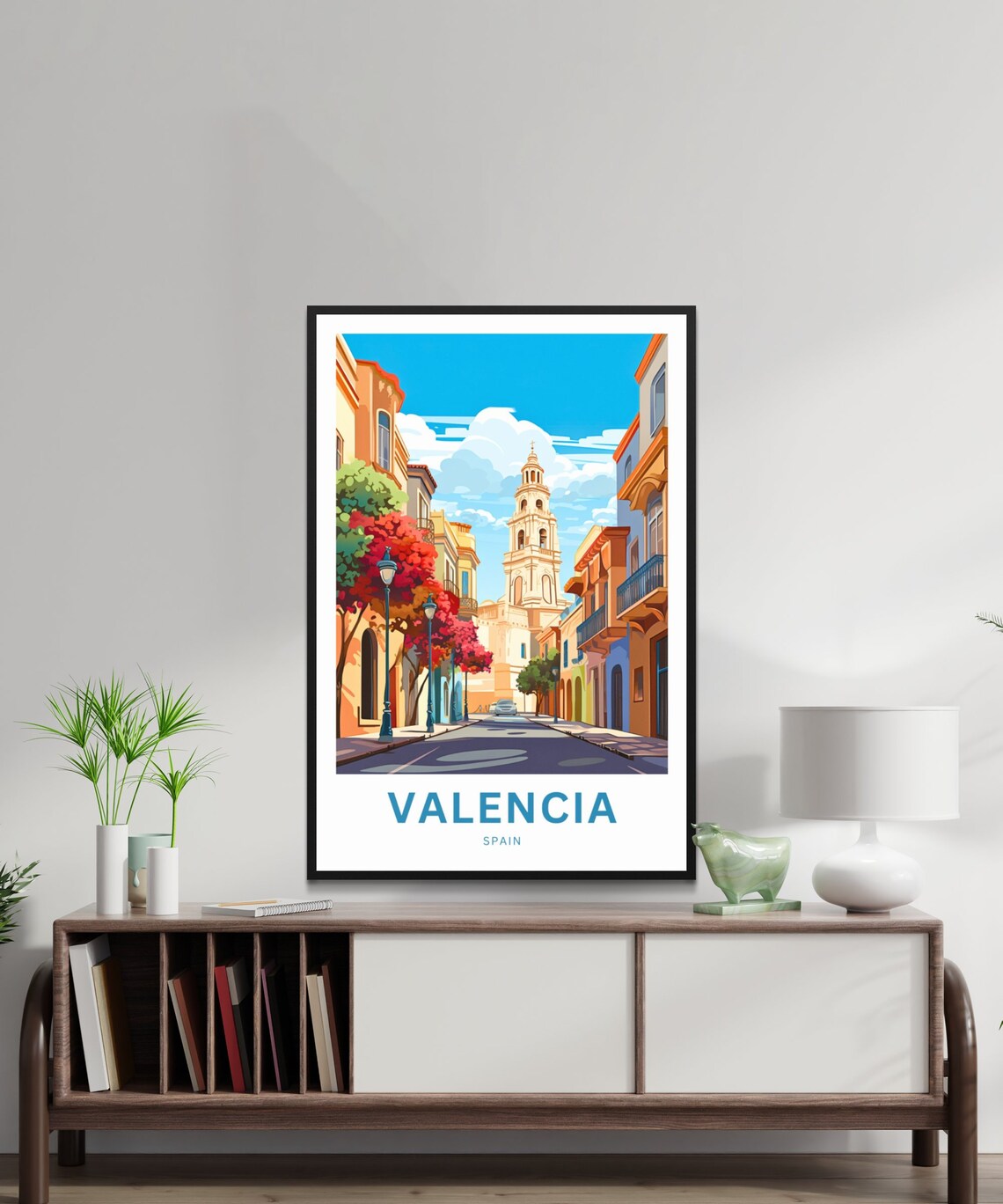 Valencia Spain Colorful Street Church Tower Illustration Poster - Image 2