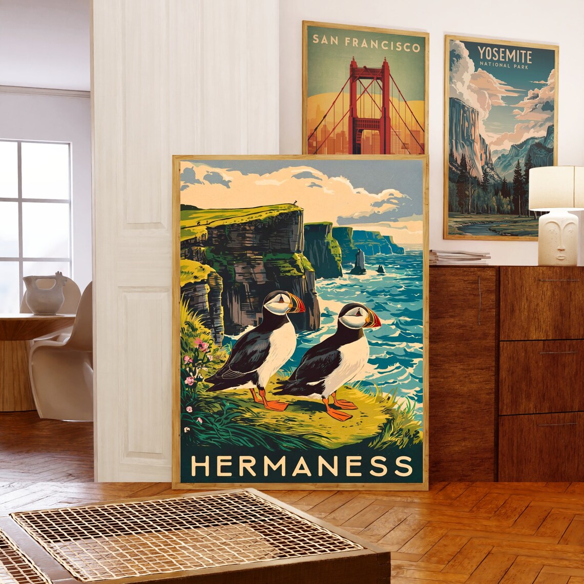 Hermaness Scotland Vintage Puffins on Cliff Over Ocean Waves Poster - Image 5