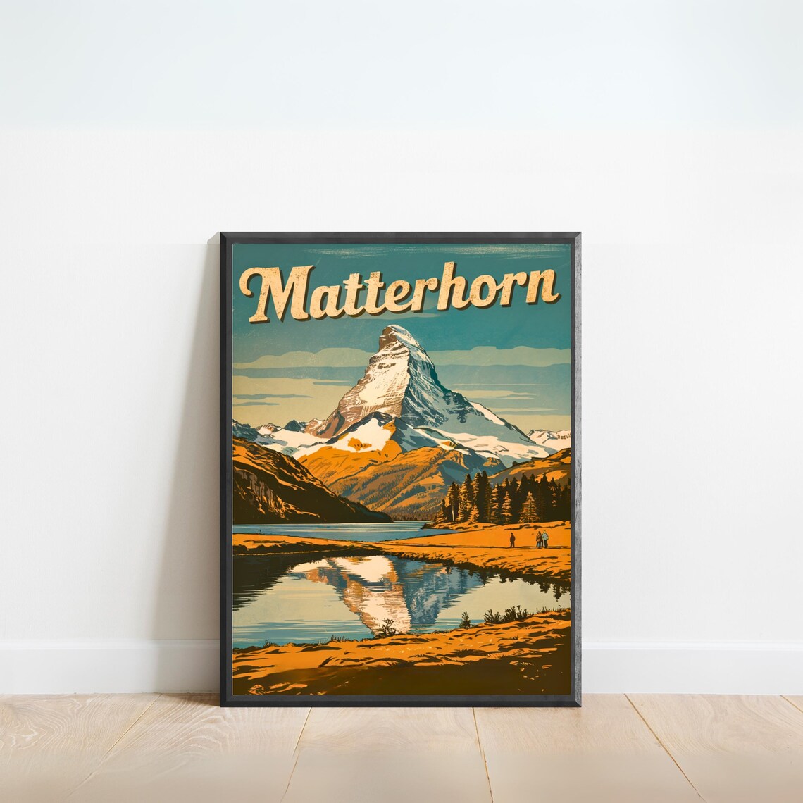 Matterhorn Hikers Golden Shoreline Lake Mirror Sunset Vintage Poster