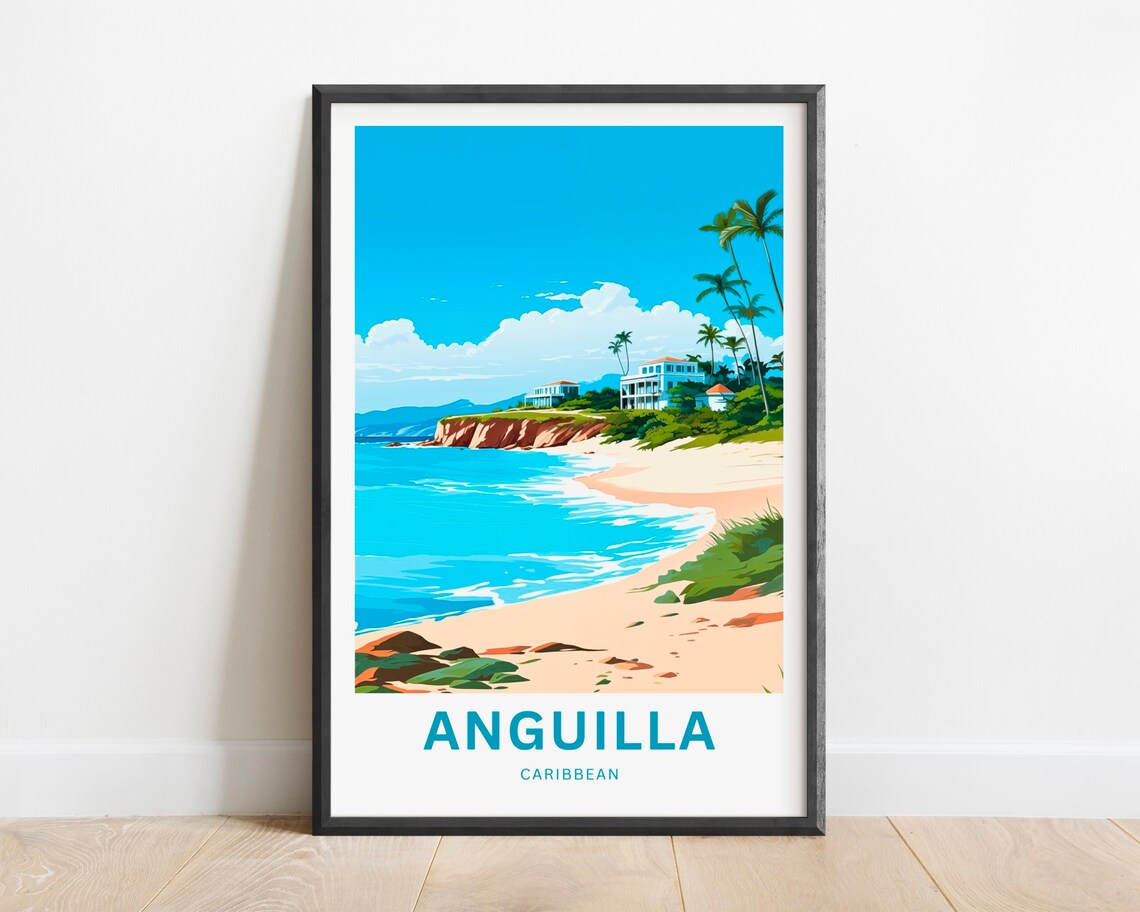 Anguilla Caribbean Red Rock Cliff Villas Beach Vintage Travel Poster