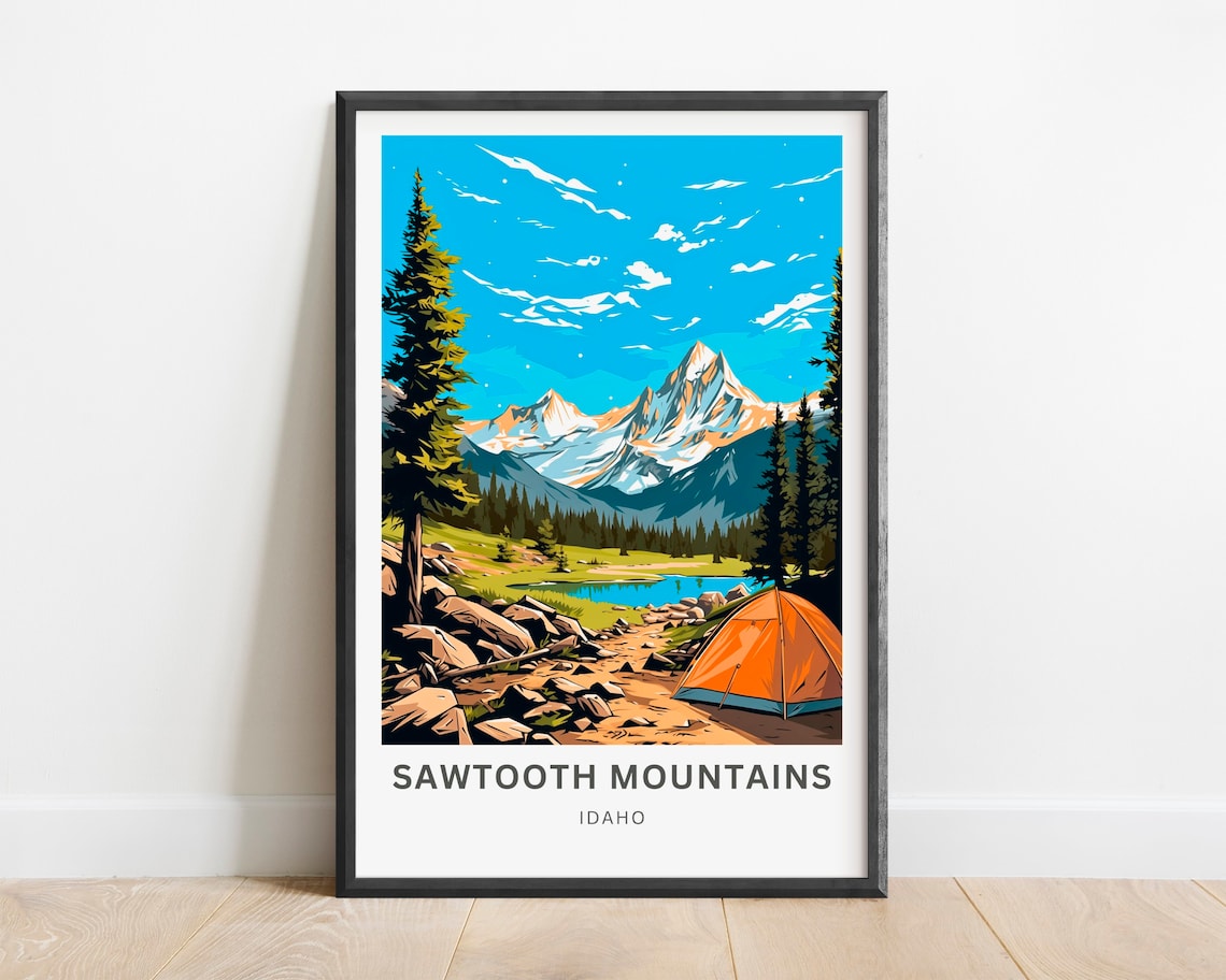 Sawtooth Mountains Idaho Alpine Lake Campsite Tent Travel Poster
