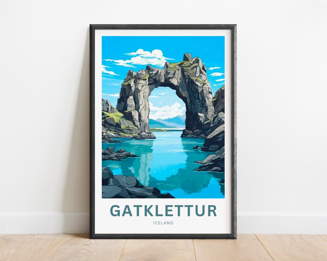 Gatklettur Sea Arch Iceland Turquoise Coastline Travel Poster