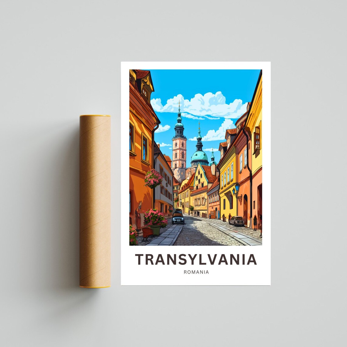 Transylvania Romania Old Town Cobblestone Street Travel Poster - Image 4