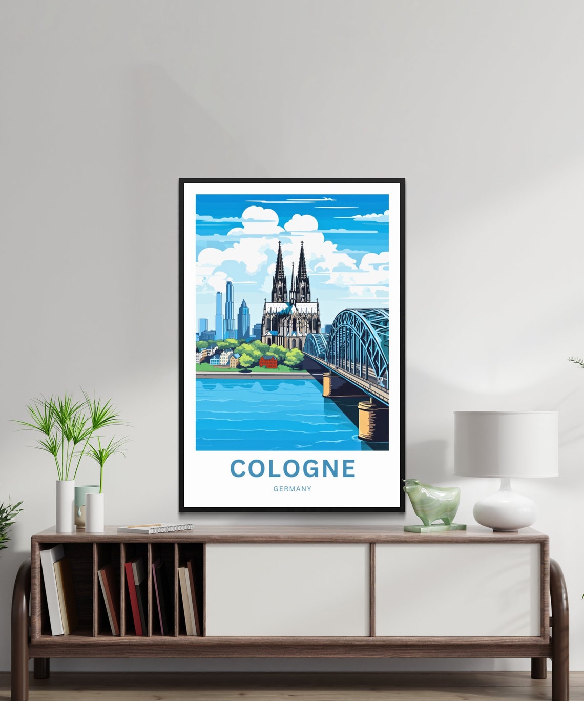 Cologne Germany Cathedral Bridge Bright Blue Sky View Poster - Image 2