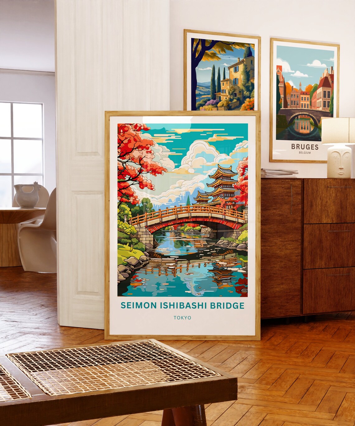 Seimon Ishibashi Bridge Tokyo Red Arch Bridge Temple Travel Poster - Image 5