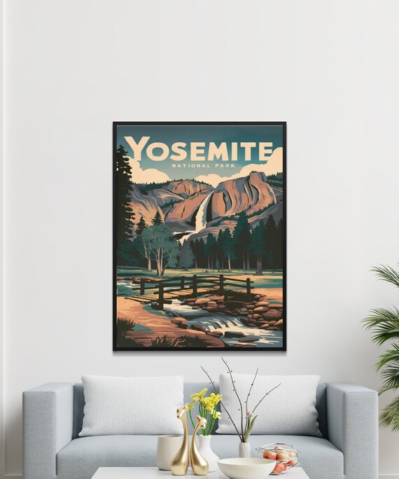 Yosemite National Park Vintage Poster with Waterfall and Footbridge