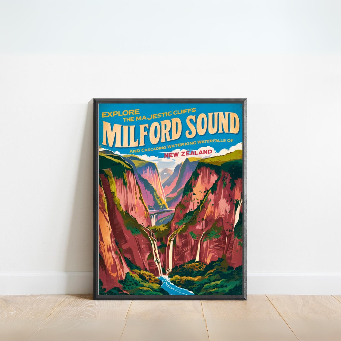 Milford Sound Vintage Travel Poster Milford Sound Print New Zealand Wall Art Framed Present Gift New Zealand Present