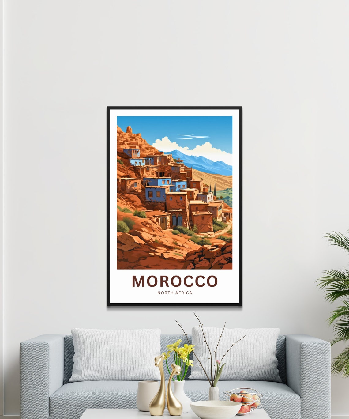 Morocco Blue Painted Village Red Rock Mountains Sunset Poster - Image 3