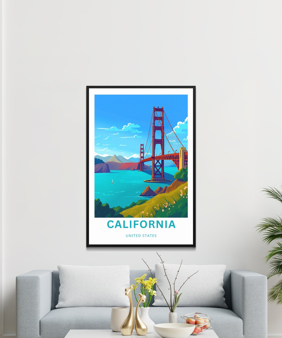 California Golden Gate Bridge Bay Hillside Sunset Travel Poster - Image 3