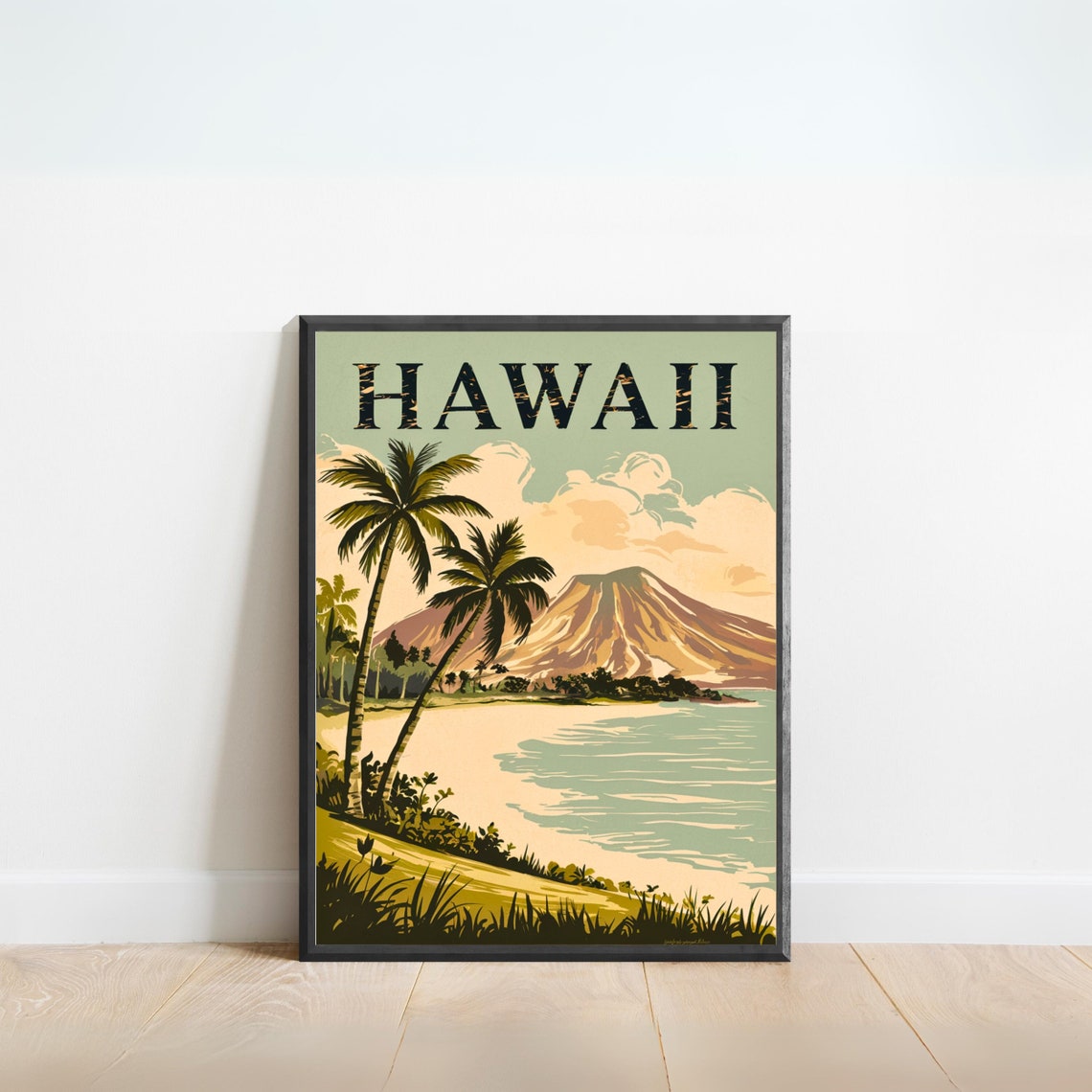 Hawaii Retro Vintage Beach Palm Tree Volcano Island Travel Poster