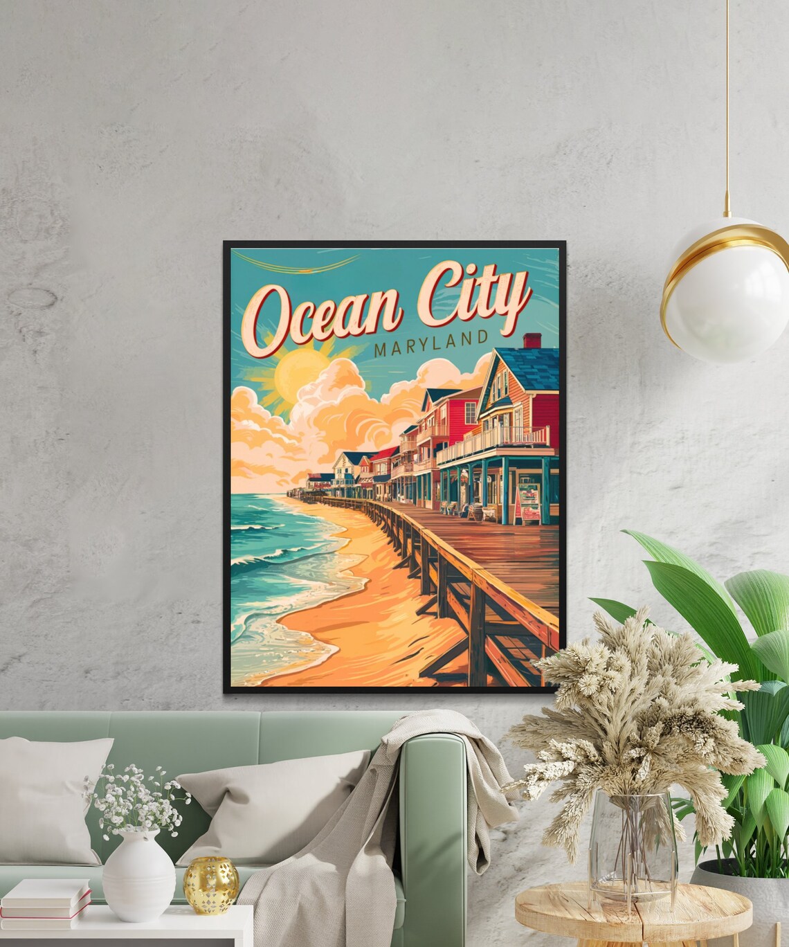Ocean City Maryland Retro Beach Boardwalk Cottages Art Poster - Image 3